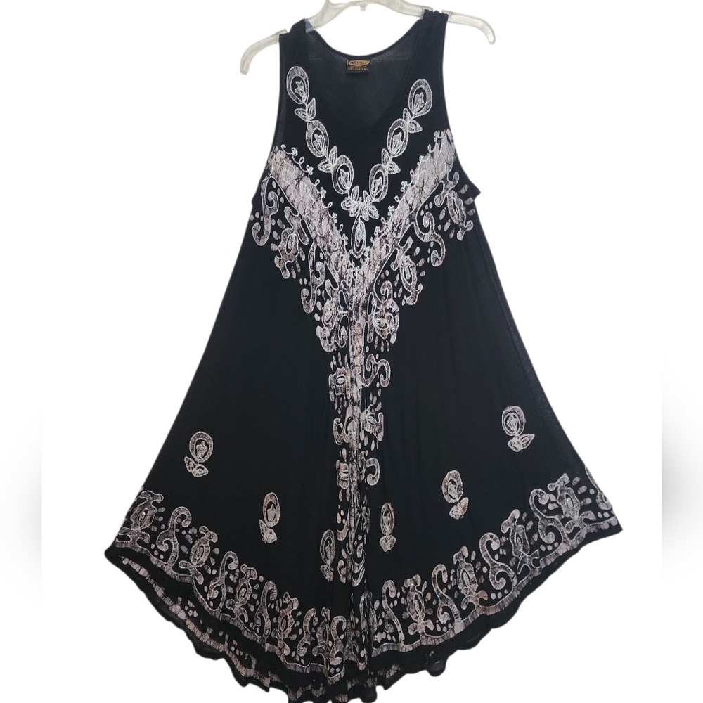Rima Beachworld Black Tan Embroidered Maxi Swim Beach Coverup Dress One Size